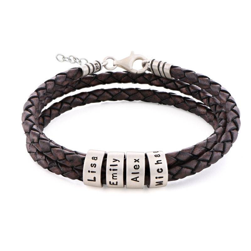 Pulsera de Cuero Marrón Trenzado para Mujer con Cuentas Grabadas en Plata Esterlina-1 foto de producto