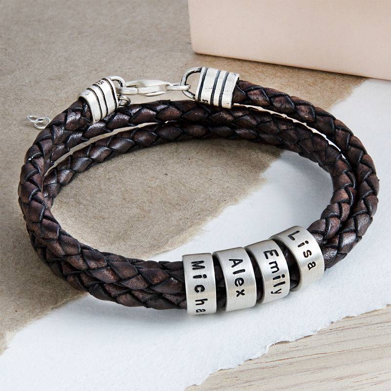 Pulsera de Cuero Marrón Trenzado para Mujer con Cuentas Grabadas en Plata Esterlina-5 foto de producto
