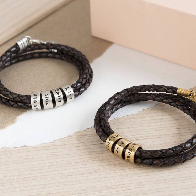 Pulsera de Cuero Marrón Trenzado para Mujer con Cuentas Grabadas en Plata Esterlina-6 foto de producto